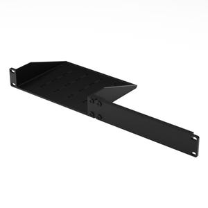 May include: Black metal shelf bracket with a flat, rectangular shelf and a long, narrow support arm. The shelf has a series of holes for mounting screws.