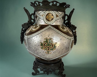 Monumental Antique Alhambra Revival Urn, 19th Century Lusterware, Platinum Silver & Gold Arabesques, Ornate Cast Iron Mounts.