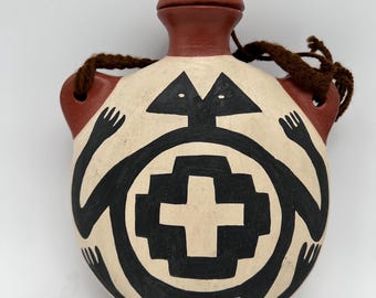 Vintage Acoma Pueblo Canteen – Authentic Native American Pottery – Turtle Motif – Complete with Stopper & Cord – 9.5” x 7” – Rare Southwest