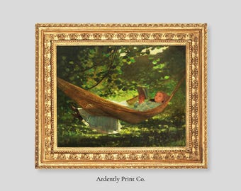 May include: A painting depicting a young person reading a book whilst lying in a hammock within a woodland setting. The hammock is brown and the person is wearing a light blue dress. The background is a verdant forest with dappled sunlight.