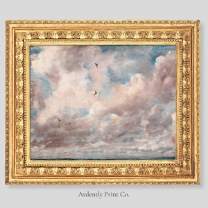 Sanfte Wolken Kunstdruck | Vintage Himmelbild mit Vögeln | Minimalistische Pastellwandkunst