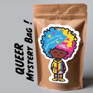 May include: A brown paper bag with a sticker of a cartoon person with blue, yellow, and pink hair. The sticker says "5 items inside mystery bipride bag art circles".