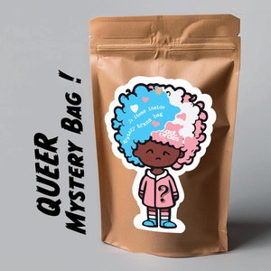 May include: A brown paper bag with a sticker on the front. The sticker features a cartoon illustration of a person with blue and pink hair, wearing a pink jacket and blue shoes. The text on the sticker says "5+ items inside mystery trans bag, art circles". The text on the bag says "QUEER MYSTERY BAG!"