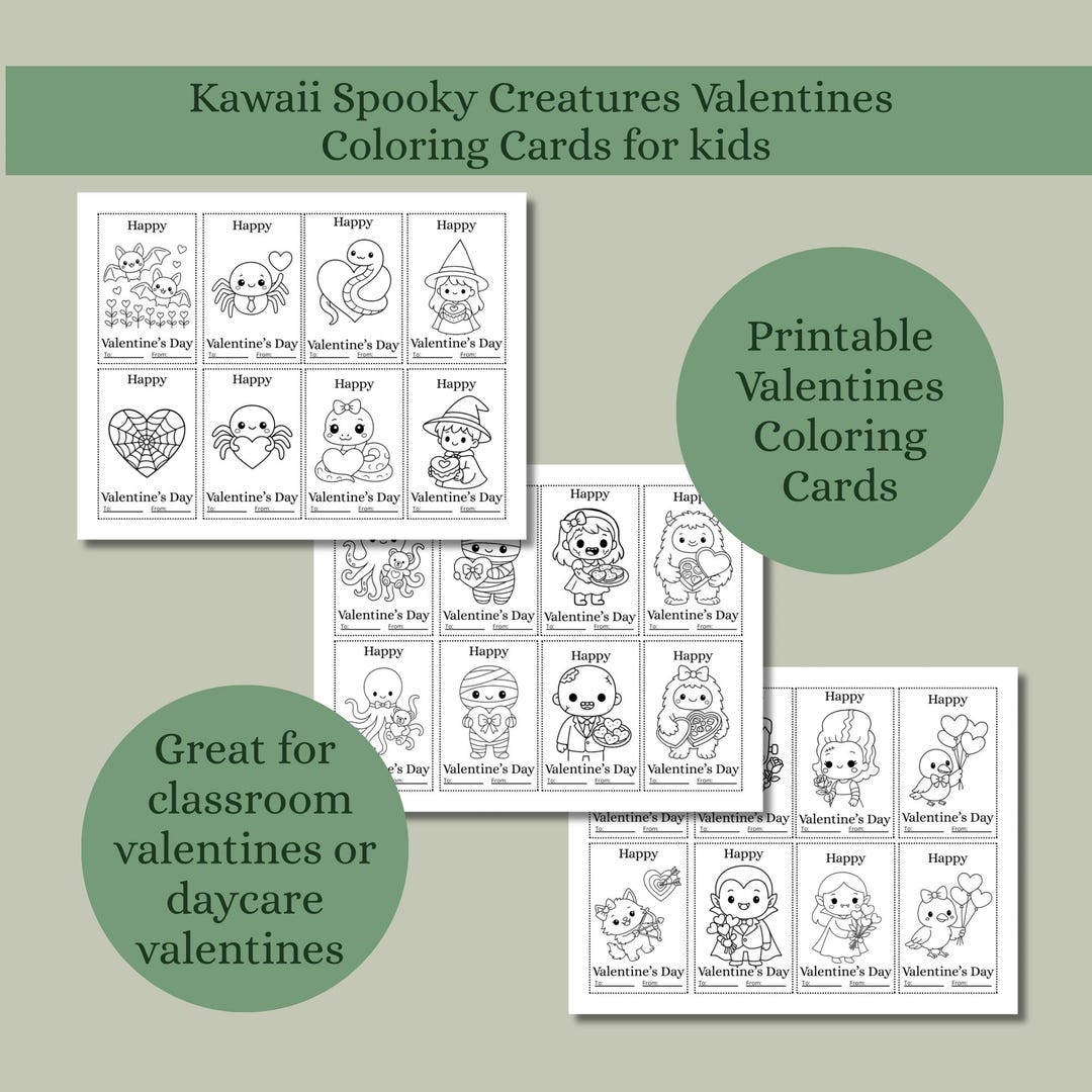 Printable Valen Classroom Valentines Spooky Creatures Printable Coloring Cards for Kids ...