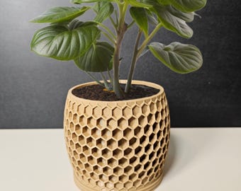 Maceta ligera con forma de panal, única, impresa en 3D, con drenaje y bandeja de goteo, para plantas de interior, 7 colores, tamaño pequeño a grande, materiales reciclados.