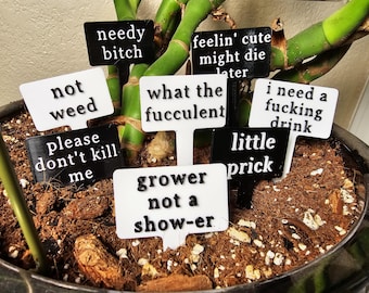 Juego de 10 estacas divertidas para plantas, color negro o blanco, ideal como regalo para amantes de las plantas de interior y exterior, resistentes a los rayos UV y al calor, 4 x 2,25 pulgadas.