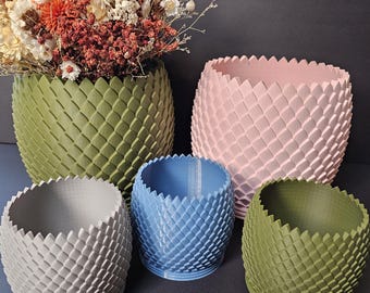 Maceta de huevo de dragón con escamas de dragón, impresa en 3D, de fantasía, decoración gótica de dragón, regalo, 7 colores, de tamaño pequeño a grande, materiales reciclados.