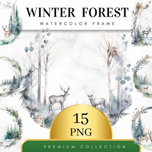 Set of 15, Winter Forest Watercolor Frame, Watercolor Landscape Clipart, Winter Countryside, Snowy Landscape, Winter Clipart, Nature Clipart