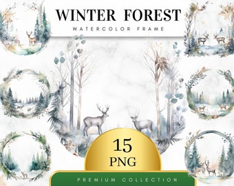Set of 15, Winter Forest Watercolor Frame, Watercolor Landscape Clipart, Winter Countryside, Snowy Landscape, Winter Clipart, Nature Clipart