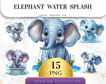 Set of 15, Elephant Water Splash Clipart, Elephant PNG, Jungle Safari Clipart, Animal Clipart, Junk Journal, Sublimation PNG, Digital PNG
