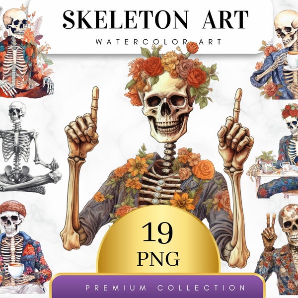 Set of 19, Watercolor Skeleton Art, Skeleton Clipart PNG, Gothic Clipart, Fantasy Clipart, Witch Png, Wiccan Clipart, Skull Png, Digital PNG