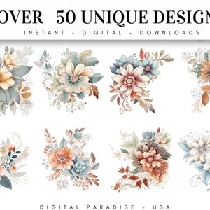 Set of 50, Watercolor Flower Line art, Flower png, Floral Clipart, Floral Print, Botanical Clipart, Floral Png, Wedding Clipart, Digital Png image 2