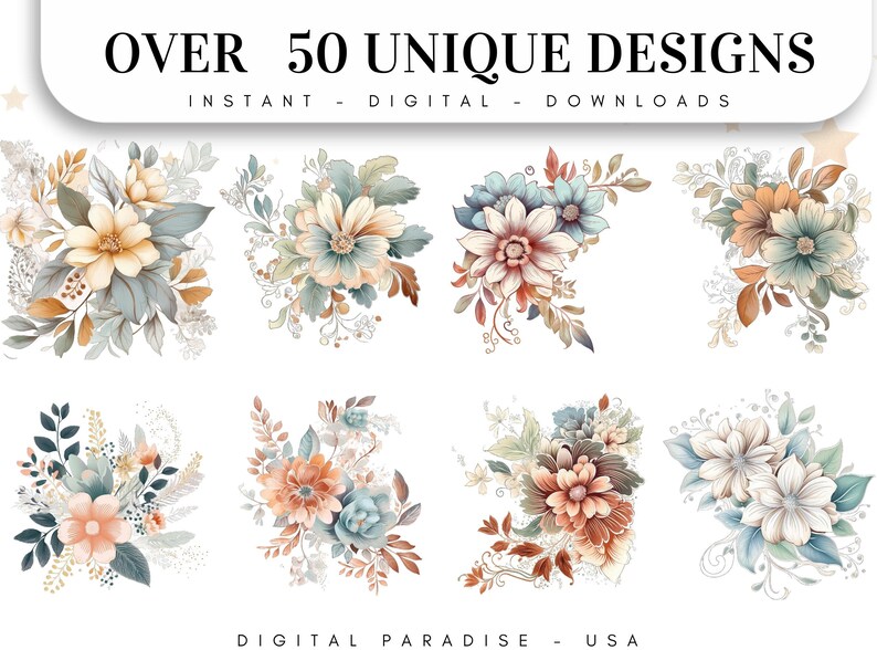 Set of 50, Watercolor Flower Line art, Flower png, Floral Clipart, Floral Print, Botanical Clipart, Floral Png, Wedding Clipart, Digital Png image 2