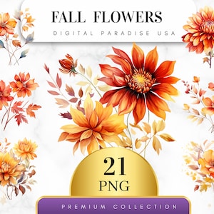 Conjunto de 21 imágenes prediseñadas de flores de otoño, flores PNG de otoño, flores PNG, flores de acuarela, creación de tarjetas, diario basura, sublimación, descarga digital