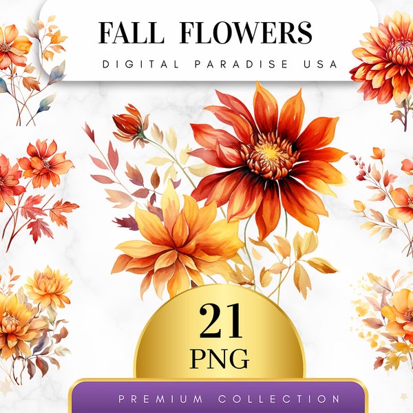 Set of 21, Fall Flowers Clipart, Fall Floral PNG, Flowers PNG, Watercolor Flowers, Card Making, Junk Journal, Sublimation, Digital Download