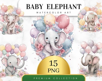 Set of 15, Watercolor Baby Elephant Balloons Sublimation Clipart Bundle, Digital Download, Baby Elephant PNG File For Baby Shower, Tshirts