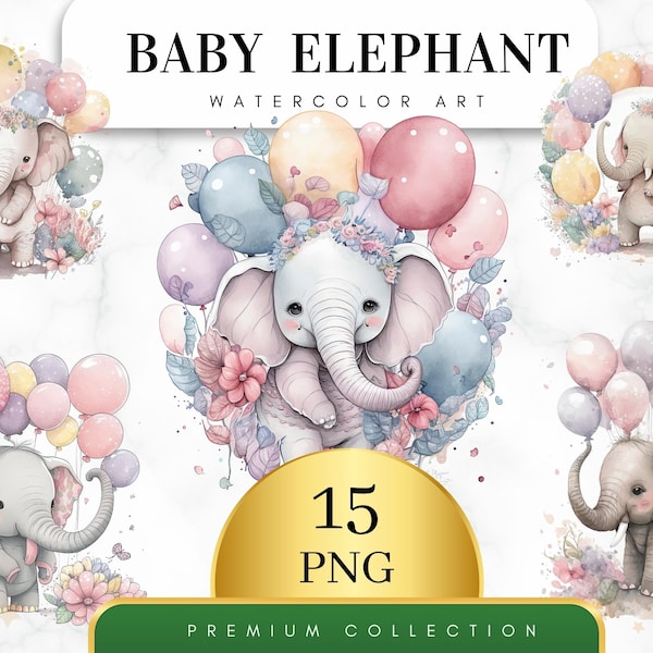 Set of 15, Watercolor Baby Elephant Balloons Sublimation Clipart Bundle, Digital Download, Baby Elephant PNG File For Baby Shower, Tshirts