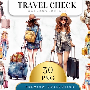 Set of 30, Watercolor Travel Clipart, Fashion Girl Clip Art, Summer Vacation Clipart, Adventure Clipart, Travel Girl Clipart, Traveling PNG