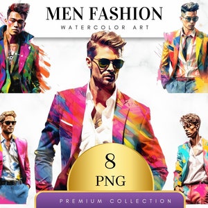 Set von 8, Aquarell Mode Männer Clipart, gut aussehende Männer Clipart, Mode Männer Png, Wandkunst, männliches Modell Clipart, Sublimation Png, digitales Png