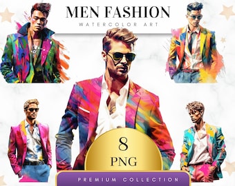 Set of 8, Watercolor Fashion Men Clipart, Handsome Men Clipart, Fashion Men Png, Wall Art, Male Model Clipart, Sublimation Png, Digital Png