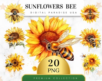 Set of 20, Watercolor Sunflowers Bee Clipart, Sunflowers Bee PNG, Floral Clipart, Junk Journal, Scrapbook, Sublimation PNG, Digital Download
