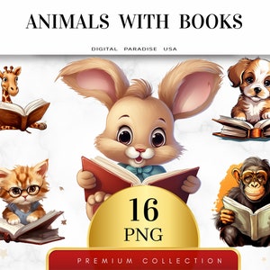 Set of 16, Animals with Books Clipart, Animal Reading Books, Book Lover Clipart, Reading Animals, Cute Animals, Sublimation,Digital Download