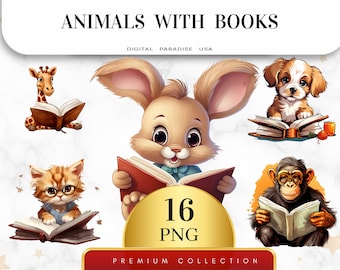 Set of 16, Animals with Books Clipart, Animal Reading Books, Book Lover Clipart, Reading Animals, Cute Animals, Sublimation,Digital Download