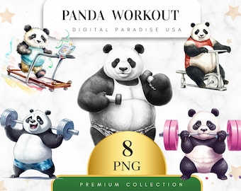 Set of 8, Panda Workout Clipart, Cute Animal Clipart, Jungle Animal PNG, Panda PNG, Watercolor Panda, Scrapbook, Nursery Art, Digital PNG