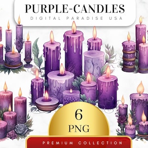 Set of 6, Purple Candles Clipart, Candle Bundle, Candles PNG, Junk Journal Decor, Scrapbook Elements, Sublimation PNG, Digital Download