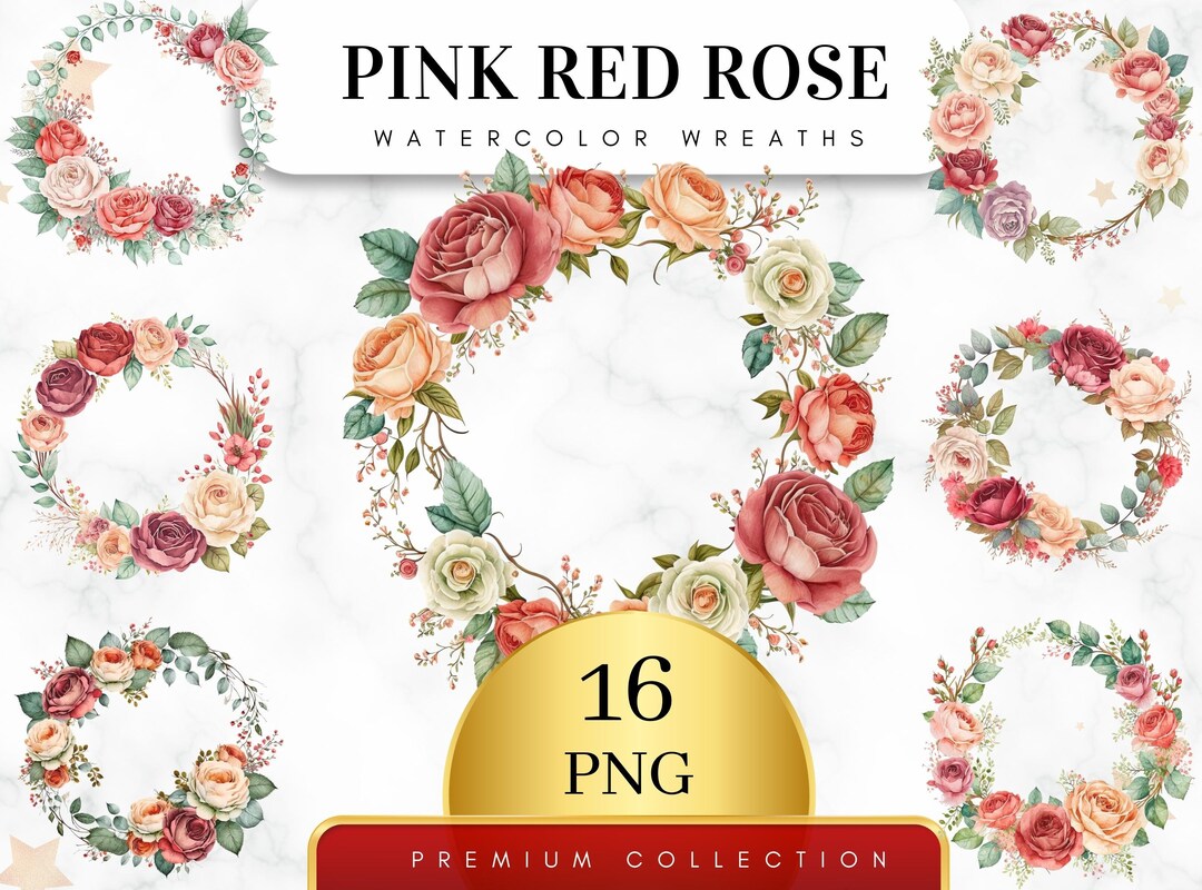 Set of 16, Watercolor Rose Wreath, Red and Pink Rose Wreath, Watercolor ...
