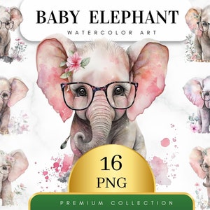 Set of 16, Watercolor Pink Baby Elephant, Baby Shower Clipart, Elephant Nursery Art, Elephant Printable, Elephant Clipart, Digital PNG