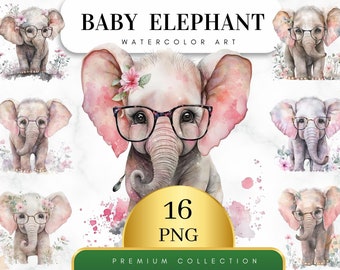 Conjunto de 16 elefantes bebés rosas en acuarela, imágenes prediseñadas para baby shower, arte infantil de elefante, elefante imprimible, imágenes prediseñadas de elefante, PNG digital