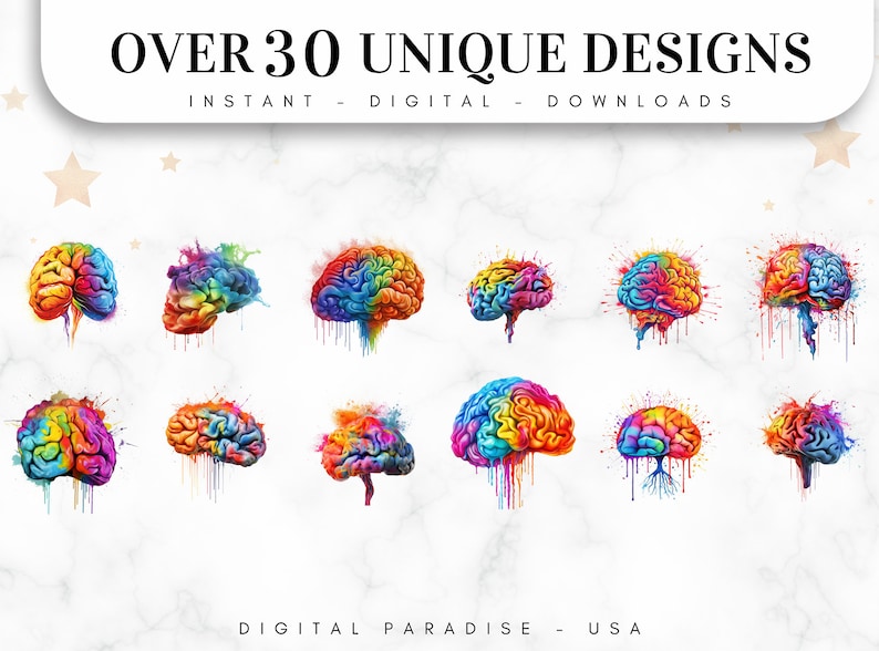 Set of 30, Brain Art, Brain Illustration, Mind Clipart, Brain Anatomy, Brain Clipart Png, Scrapbooking, Sublimation PNG, Digital Download image 2