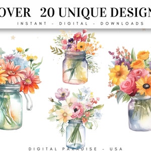May include: Five watercolor illustrations of mason jars filled with colorful flowers. The jars are clear glass with a white background. The flowers are in various shades of pink, yellow, orange, and purple.