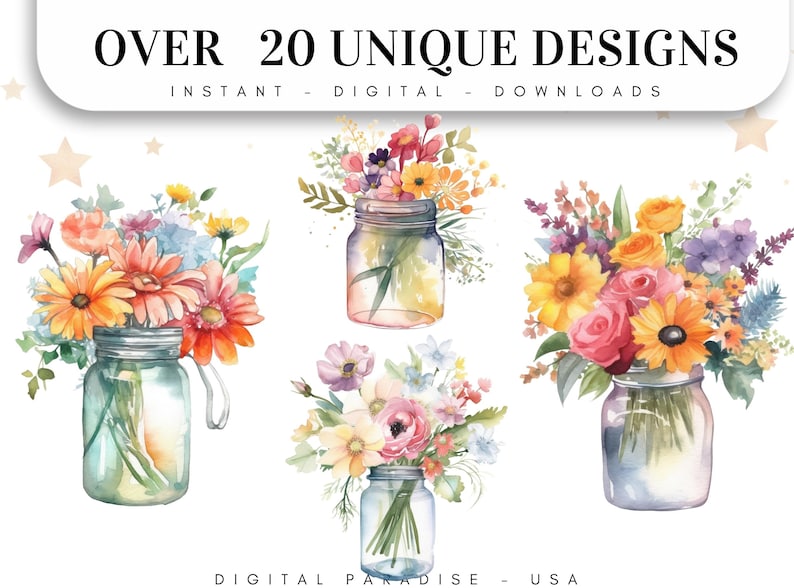 May include: Five watercolor illustrations of mason jars filled with colorful flowers. The jars are clear glass with a white background. The flowers are in various shades of pink, yellow, orange, and purple.