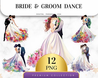 Set of 12, Bride and Groom Dance Clipart, Wedding Day Clipart, Marriage Clipart, Just Married Clipart, Bride and Groom Png, Digital Download
