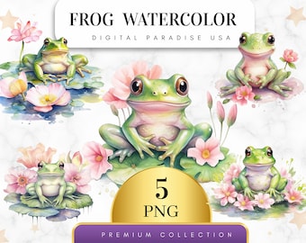 Set of 5, Watercolor Frog Clipart, Frog PNG, Cute Frog, Frog Illustration, Animal Clipart, Junk Journal, Sublimation PNG, Digital Download