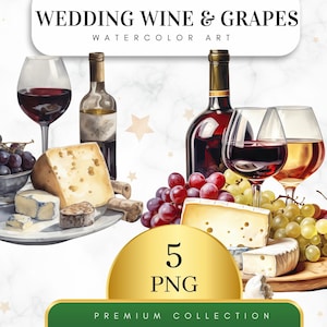 Set of 5, Watercolor Wine with Grapes Clipart, Wine Celebration, Wine Clip Art Watercolour, Red Wine Clipart, Bottle and Glass Sublimation
