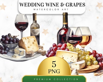 Set of 5, Watercolor Wine with Grapes Clipart, Wine Celebration, Wine Clip Art Watercolour, Red Wine Clipart, Bottle and Glass Sublimation