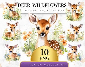 Conjunto de 10, clipart de flores silvestres de veado, clipart de veado, clipart de flores silvestres, animais da floresta, veado em aquarela, PNG de sublimação, download digital