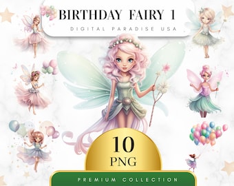 Conjunto de 10 imágenes prediseñadas de hada de cumpleaños, hada PNG, imágenes prediseñadas de cumpleaños de niña, hada de acuarela, diario basura, álbum de recortes, sublimación, descarga digital