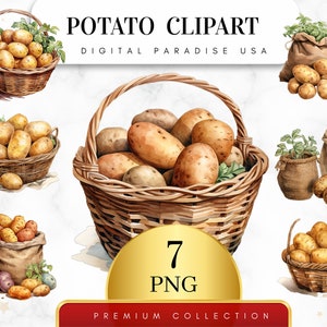 Set of 7, Watercolor Potato Clipart, Potato PNG, Vegetable Clipart, Junk Journal Clipart, Farmhouse Decor, Sublimation PNG, Digital Download