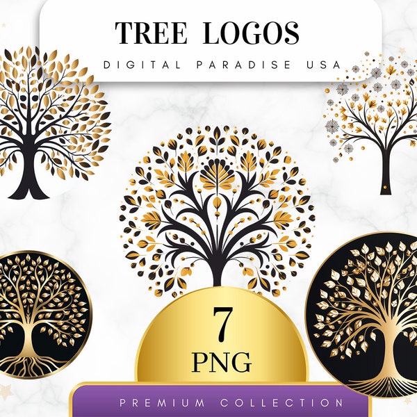 Set of 7, Tree Logos Clipart, Tree PNG, Tree Illustrations, Tree Logo Design, Watercolor Tree Logo, Digital Download, Sublimation PNG