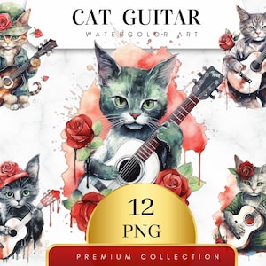 Set of 12, Watercolor Cat with Guitar, Guitar png, Musical Clipart, Classic Guitar, Floral guitar, Rock Clipart, Cat Clipart, Digital Png