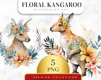 May include: Two watercolor illustrations of kangaroos with floral crowns. The kangaroos are surrounded by flowers and greenery. The text "Floral Kangaroo Watercolor Art" is at the top of the image. The text "5 PNG Premium Collection" is at the bottom of the image.
