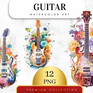 Set of 12, Watercolor Guitar Clip art, Guitar png, Musical Clipart, Classic Guitar, Floral Guitar Png, Rock Clipart,  Wall Art, Digital Png