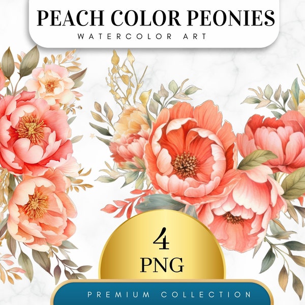 Set of 4, Watercolor Coral & Peach Color Peonies, Floral PNG, Floral Clipart, Wedding Clipart, Spring Clipart,Watercolor Flower, Digital PNG
