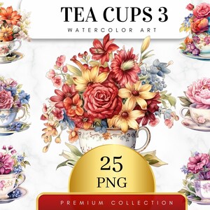 May include: A set of 25 watercolour illustrations of teacups filled with colourful flowers. The teacups are in various styles and colours, and the flowers are arranged in a variety of ways. The illustrations are perfect for adding a touch of elegance and whimsy to any project.