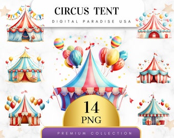 Set of 14, Circus Tent Clipart, Carnival Clipart, Vintage Circus, Circus Party Decor, Scrapbook Elements, Digital Download, Sublimation PNG