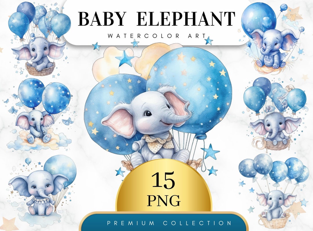 Set of 15, Watercolor Elephant, Baby Elephant Clipart, Baby Elephant ...